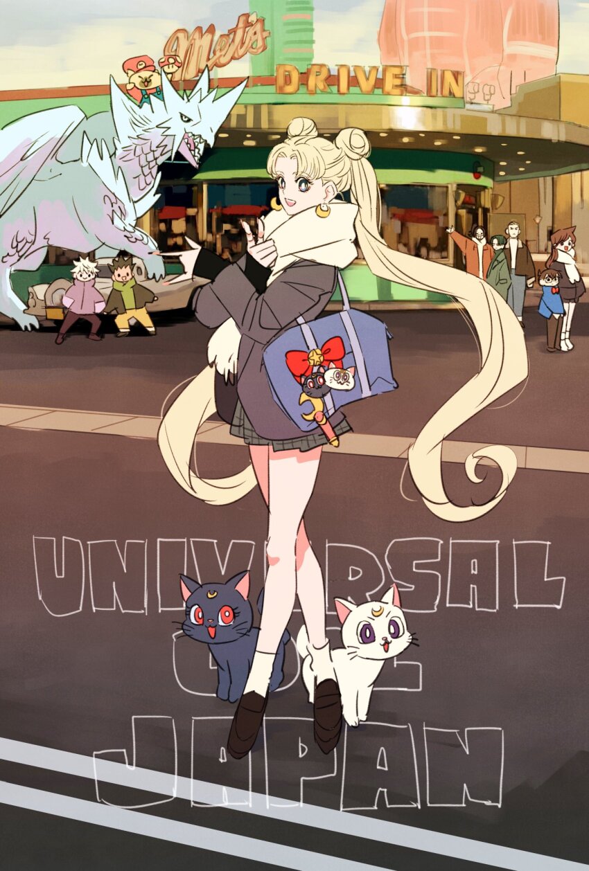 3girls 5boys artemis_(sailor_moon) bag_charm bishoujo_senshi_sailor_moon black_cat blonde_hair brown_hair cat charm_(object) coat commentary_request cosplay crescent crescent_facial_mark crossed_legs double_bun dragon earrings edogawa_conan erwin_smith facial_mark felyne full_body glasses gon_freecss green_hair green_scarf hair_bun hange_zoe hat highres hunter_x_hunter jacket jewelry killua_zoldyck levi_(shingeki_no_kyojin) long_hair looking_at_viewer luna_(sailor_moon) mario mario_(cosplay) mario_(series) meitantei_conan monster_hunter:_world monster_hunter_(series) monster_hunter_world:_iceborne mouri_ran multiple_boys multiple_girls mushroom nintendo outdoors parted_bangs purple_coat purple_eyes red_eyes sailor_moon_pose scarf shingeki_no_kyojin short_hair skirt smile socks super_mushroom takeuchi_ryousuke tsukino_usagi twintails velkhana waving whiskers white_cat white_scarf white_socks yellow_scarf