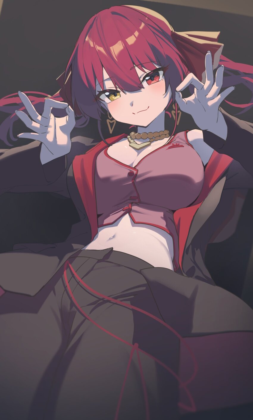 1girl black_jacket black_pants breasts cleavage closed_mouth double_ok_sign earrings fingernails hair_between_eyes hair_ribbon hands_up heart heart_earrings heterochromia highres hololive houshou_marine jacket jewelry large_breasts long_hair looking_at_viewer midriff navel necklace ok_sign open_clothes open_jacket pants red_eyes red_hair red_ribbon red_shirt reulem ribbon shirt single_off_shoulder sleeveless sleeveless_shirt smile solo twintails upper_body virtual_youtuber yellow_eyes