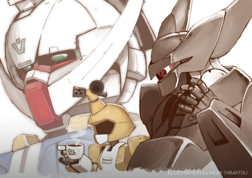 absurdres crossover cup drinking green_eyes gundam highres inori_taimatsu joints kidou_keisatsu_patlabor mecha mecha_focus medarot metabee multiple_crossover no_humans open_hand robot robot_joints turn_a_gundam turn_a_gundam_(mobile_suit) type_j-9_griffon visor