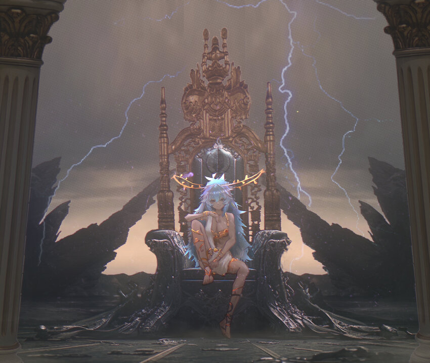 1girl absurdres ancient_greek_clothes barefoot_sandals_(jewelry) blue_eyes blue_hair breasts chiton dress full_body gladiator_sandals gold_bra greco-roman_clothes grin highres knee_up laurel_crown long_hair looking_at_viewer medium_breasts messy_hair mythos_(vtuber) sandals sitting sitting_on_throne smile solo spiked_hair taku_artworks throne toga virtual_youtuber white_dress zeus_(vtuber)