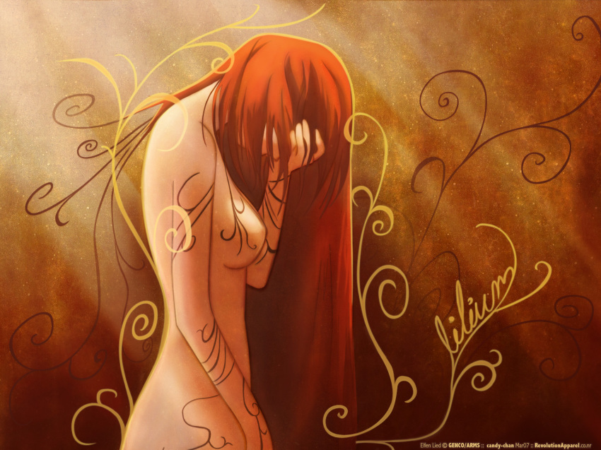 00s 1girl 2007 breasts covering_face covering_privates elfen_lied female_focus hair_over_eyes highres ink long_hair lucy_(elfen_lied) markings monster_girl no_nipples nude nude_cover red_hair solo tattoo very_long_hair