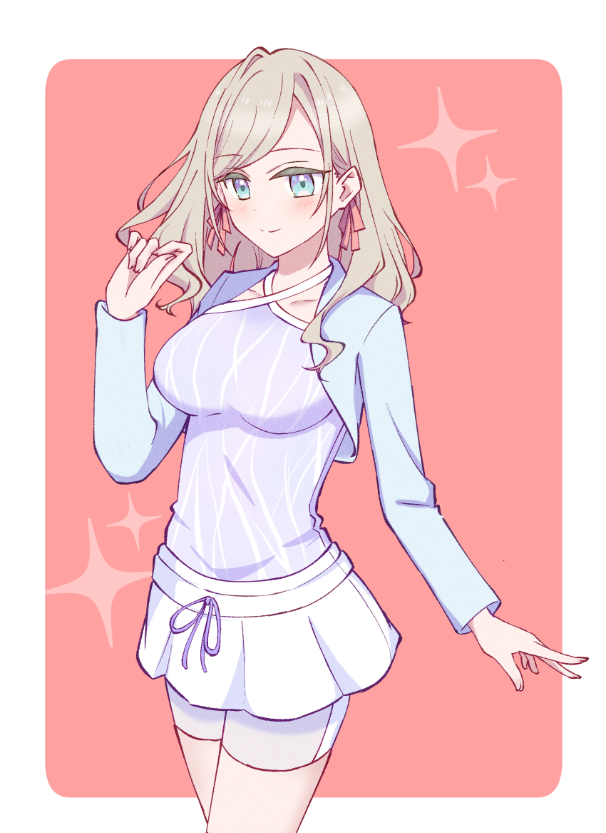 1girl absurdres bike_shorts blue_jacket border breasts ceras_yanagida_lilienfeld ceras_yanagida_lilienfeld_(summer_training_wear) closed_mouth commentary_request cowboy_shot cropped_jacket grey_hair hair_ribbon halterneck highres jacket large_breasts link!_like!_love_live! long_hair long_sleeves looking_at_viewer love_live! miniskirt official_alternate_costume open_clothes open_jacket outside_border pink_background pink_ribbon purple_shirt reason3_s ribbon shirt shorts simple_background single_hair_intake skirt sleeveless sleeveless_shirt smile solo sparkle split_mouth standing virtual_youtuber white_border white_shorts white_skirt