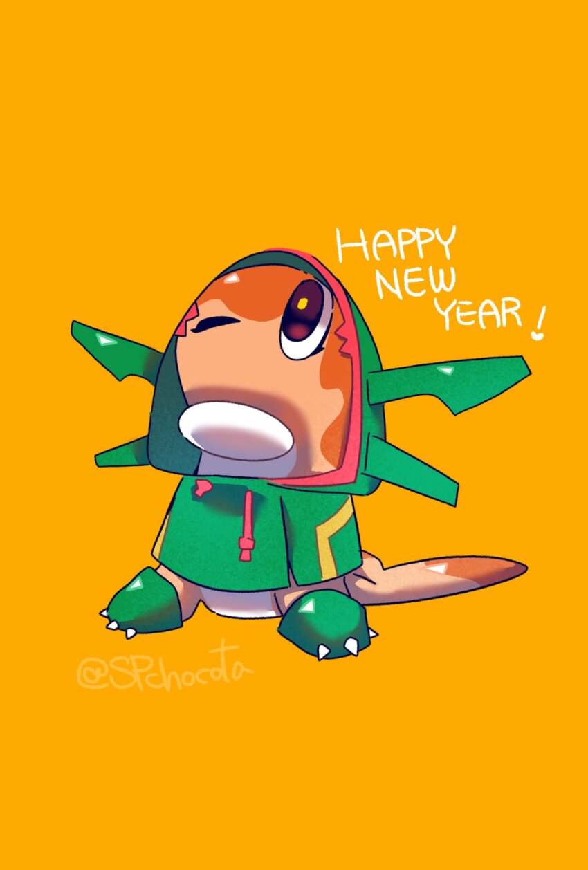 artist_name black_eyes capelet chocota_(spchocota) clothed_pokemon cosplay drawstring english_text full_body gen_3_pokemon gloves green_capelet green_gloves happy_new_year highres hood hood_up hooded_capelet legendary_pokemon looking_up new_year nintendo no_mouth one_eye_closed orange_background pokemon pokemon_(creature) rayquaza rayquaza_(cosplay) signature simple_background tatsugiri tatsugiri_(curly) twitter_username