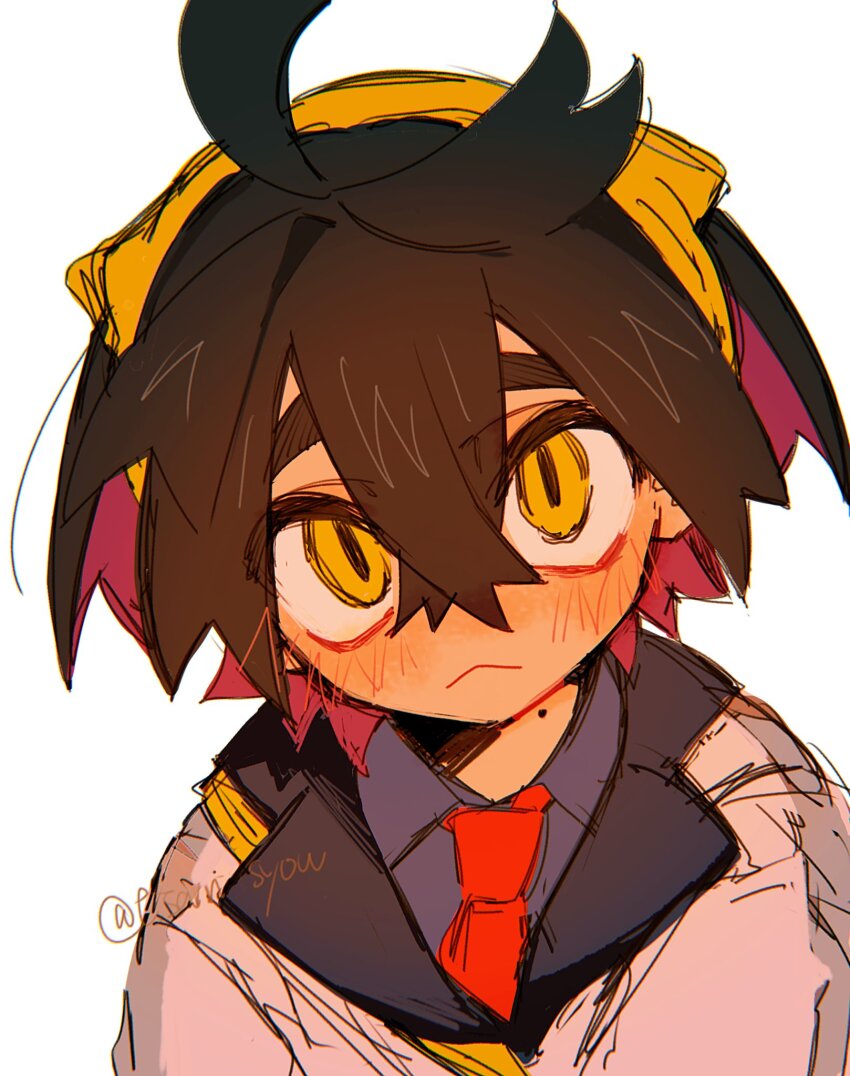 1boy :&lt; black_hair blue_shirt blush closed_mouth collared_shirt hair_between_eyes hairband highres jacket kieran_(pokemon) looking_at_viewer male_focus mole mole_on_neck nintendo pokemon pokemon_sv purple_hair shirt simple_background solo tisanntisyou twitter_username upper_body white_background white_jacket yellow_eyes yellow_hairband