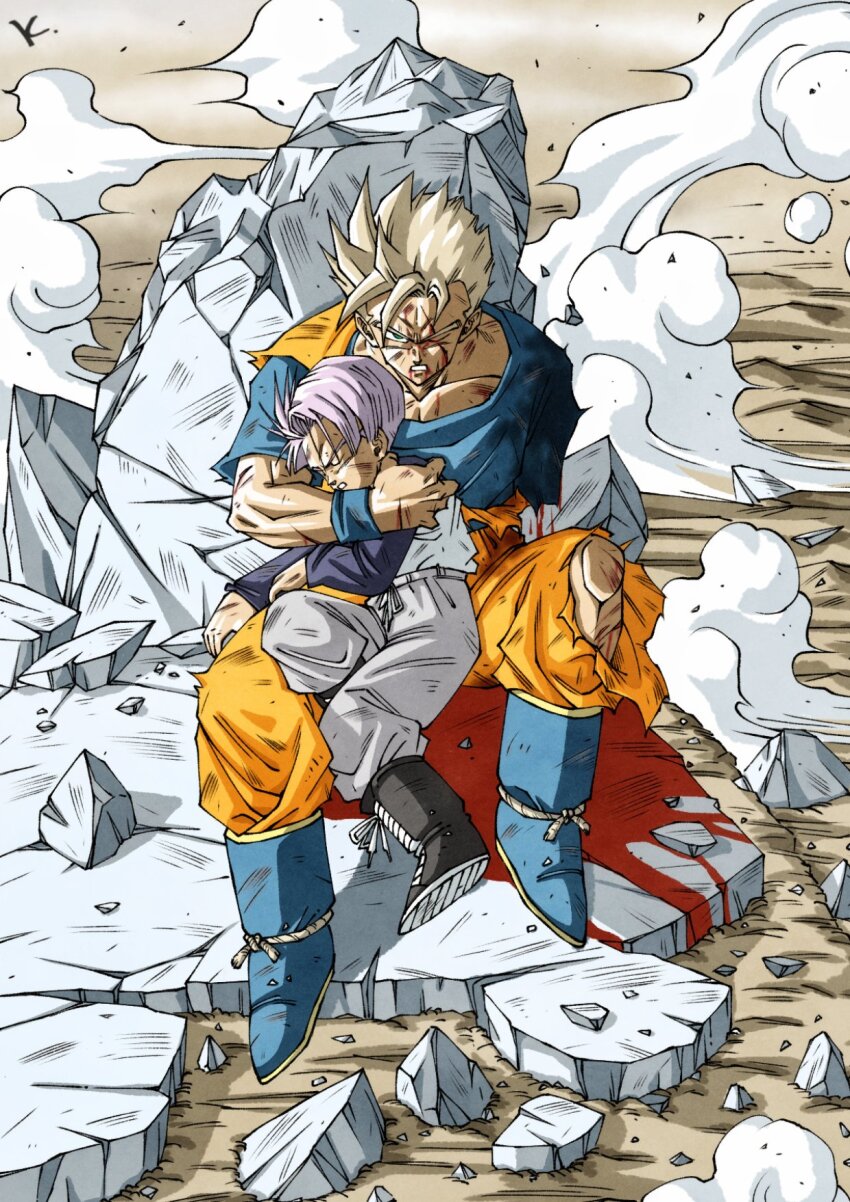 2boys amputee battle_damage blonde_hair blood blue_boots blue_shirt boots closed_eyes dougi dragon_ball dragonball_z highres kakeru_(dbskakeru) male_focus multiple_boys one_eye_closed orange_pants orange_shirt pants purple_hair scar scar_on_face shirt short_hair son_gohan son_gohan_(future) spiked_hair super_saiyan super_saiyan_1 torn_clothes torn_pants torn_shirt trunks_(dragon_ball) trunks_(future)_(dragon_ball)