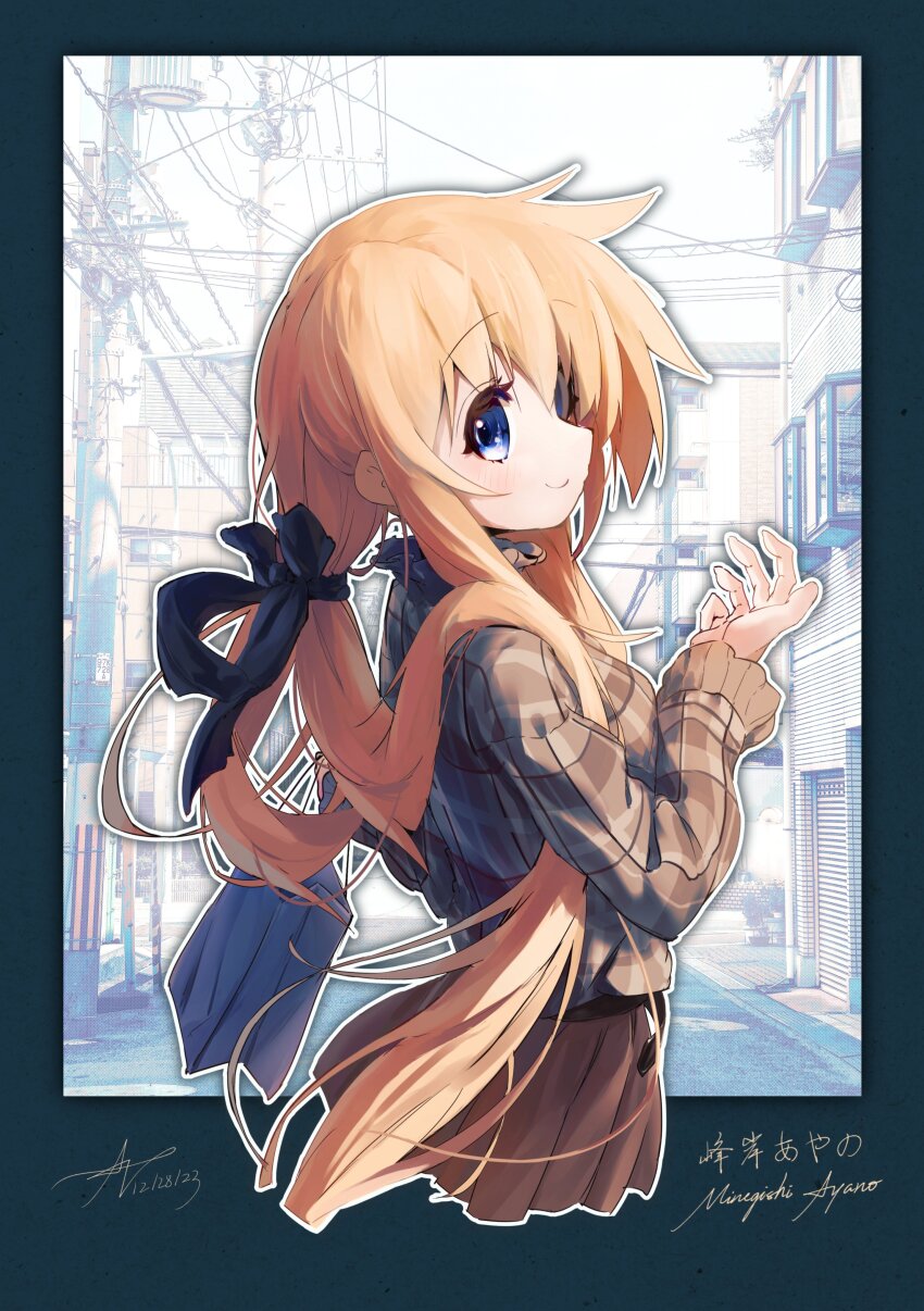 1girl absurdres ap04astral bag black_ribbon blue_eyes brown_shirt brown_skirt character_name dress frilled_dress frills gingham handbag highres long_hair lucky_star minegishi_ayano orange_hair outside_border pleated_skirt ribbon road shirt skirt smile street