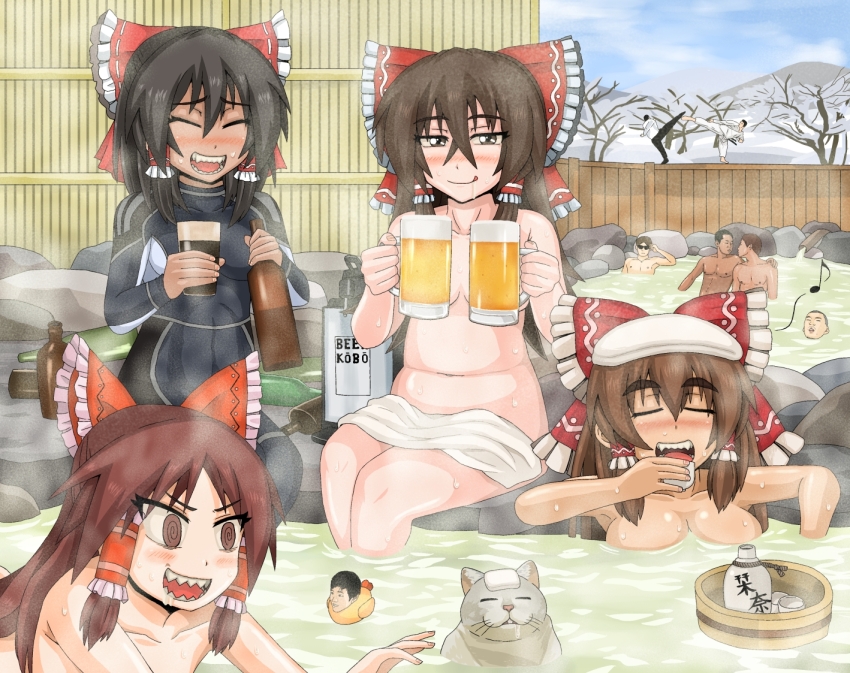 4girls 6+boys :q @_@ alcohol bare_tree bath bathing beer beer_mug benikurage_(cookie) black_bodysuit black_hair blue_sky blush bodysuit bow breasts brown_eyes brown_hair bucket cat choko_(cup) closed_eyes closed_mouth cloud commentary_request cookie_(touhou) crossed_bangs cup day diving_suit drunk flat_chest frilled_bow frilled_hair_tubes frills full_body gyakutai_ojisan hair_between_eyes hair_bow hair_tubes hakurei_reimu hide_(acceed) kanna_(cookie) kimura_(coat_corp.) large_breasts long_bangs long_hair looking_at_viewer manatsu_no_yo_no_inmu medium_breasts miura_cat miura_daisenpai mug multiple_boys multiple_girls navel necktie_dekasugiru nose_blush onsen open_mouth outdoors plump red_bow reu_(cookie) rubber_duck sananana_(cookie) sharp_teeth sidelocks sky smile snow sunglasses sweat teeth tokkuri tongue tongue_out toono_(coat) touhou tree tsurime_suki wet wetsuit wooden_bucket yajuu_senpai