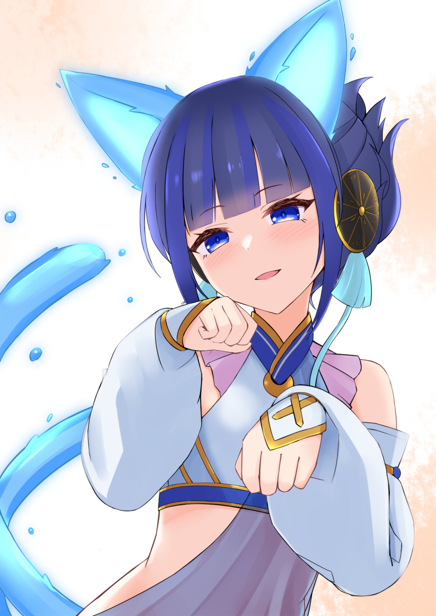 1girl animal_ears blue_eyes blue_hair blush braid cat_ears cat_girl cat_tail cowboy_shot detached_sleeves duel_monster eld_pld food food-themed_hair_ornament fruit hair_ornament highres japanese_clothes looking_at_viewer mandarin_orange mandarin_orange_slice midriff ni-ni_the_mirror_mikanko open_mouth short_hair simple_background solo tail upper_body white_background yu-gi-oh!