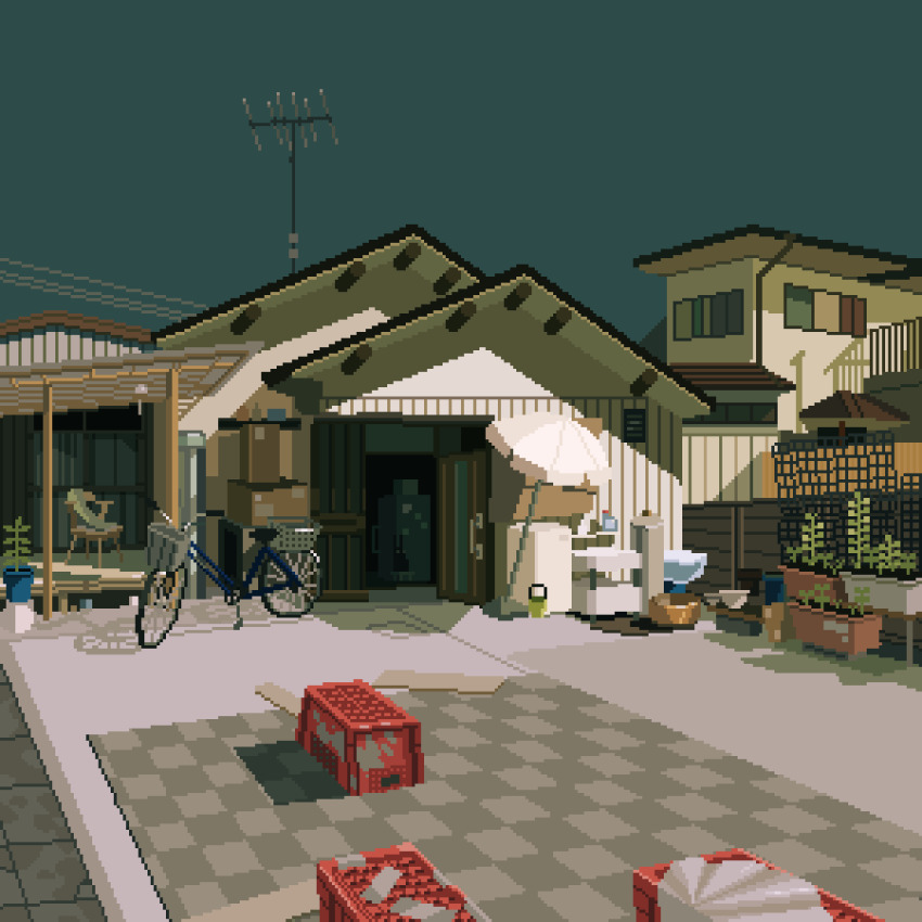 animated animated_gif bicycle building day garage garden highres original outdoors pixel_art plant potted_plant scenery waneella wind wind_chime