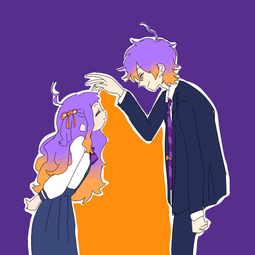 1boy 1girl ahoge arms_behind_back bad_id bad_twitter_id black_jacket black_pants blue_skirt brother_and_sister call_of_cthulhu closed_eyes closed_mouth feet_out_of_frame from_side fujimura_kirara fujimura_saki gradient_hair hair_ribbon hand_up highres hunched_over imminent_headpat inactive_account jacket kaikou_(trpg_scenario) leaning_forward long_hair long_sleeves multicolored_hair myon_(rjurnk) napoli_no_otokotachi necktie orange_background orange_hair orange_ribbon outline pants pleated_skirt profile purple_background purple_hair purple_necktie ribbon school_uniform shirt short_hair siblings skirt smile standing suspender_skirt suspenders two-tone_background white_outline white_shirt