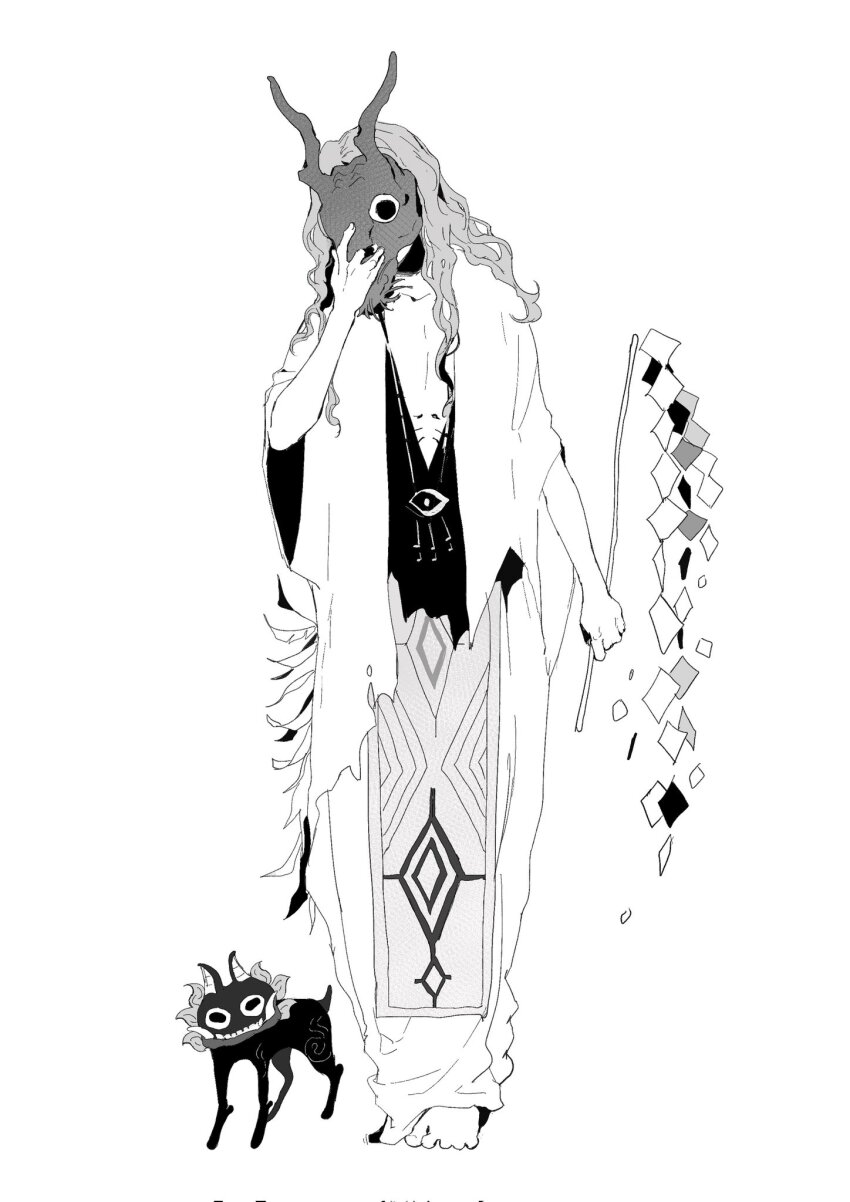 1boy barefoot chinese_commentary commentary_request creature dragon_mask facing_viewer full_body greyscale hand_up highres holding long_hair long_sleeves luli_(crocowolf333) male_focus monochrome original pelvic_curtain shide simple_background solo standing white_background wide_sleeves