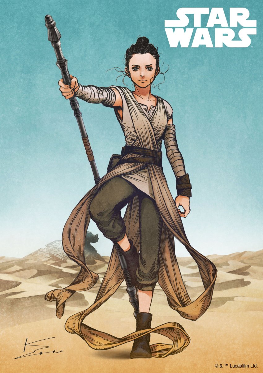 1girl absurdres animification bandages belt brown_hair capri_pants desert hair_bun highres pants rey_(star_wars) science_fiction shirahama_kamome signature single_hair_bun staff star_destroyer star_wars star_wars:_the_force_awakens weapon wristband