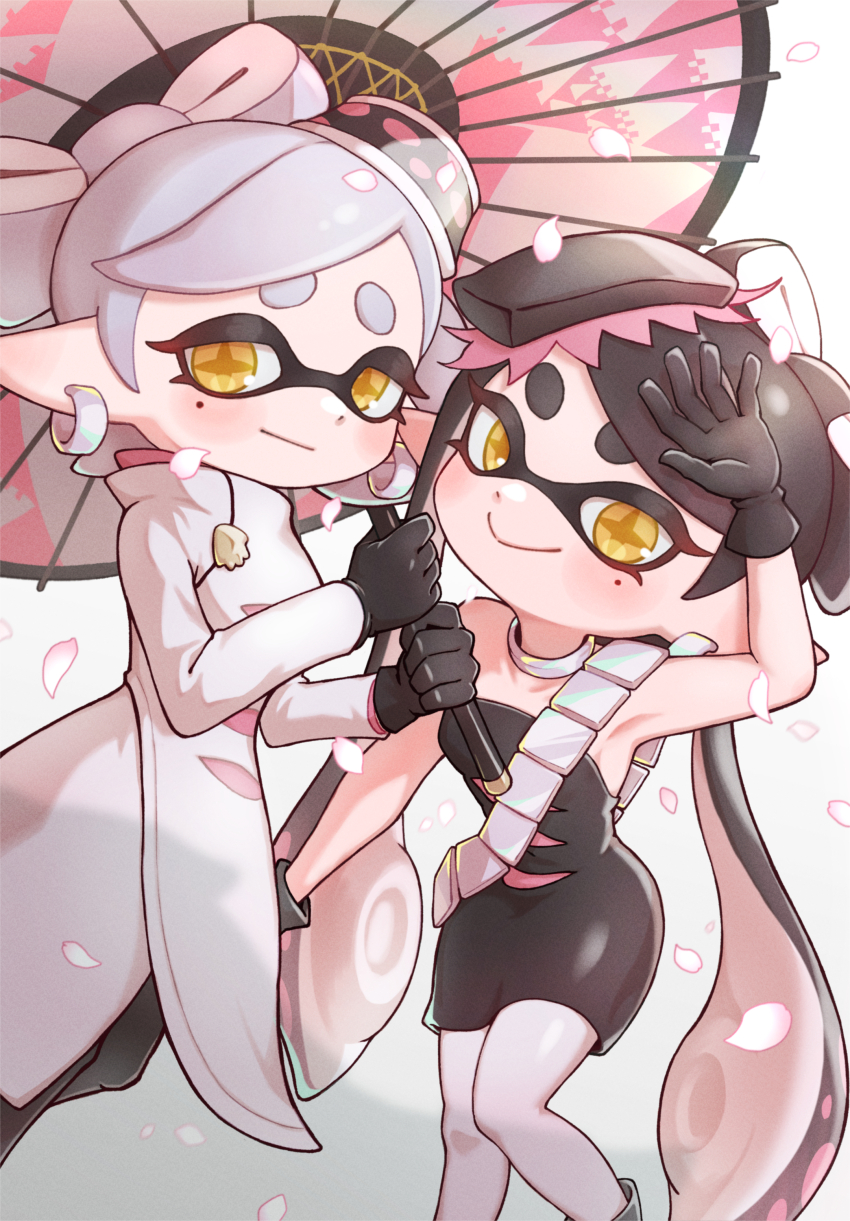 2girls absurdres black_dress black_gloves black_hair bow-shaped_hair callie_(alterna)_(splatoon) callie_(splatoon) closed_mouth coat colored_tips cousins dress earrings falling_petals food food_on_head gloves grey_hair highres holding holding_umbrella hoop_earrings inkling jewelry long_hair looking_at_viewer marie_(alterna)_(splatoon) marie_(splatoon) mole mole_under_eye multicolored_hair multiple_girls nintendo nokino_(nokinokin0) object_on_head pantyhose petals pink_hair pink_petals pointy_ears short_eyebrows short_hair smile splatoon_(series) star-shaped_pupils star_(symbol) strapless strapless_dress sushi symbol-shaped_pupils tentacle_hair thick_eyebrows two-tone_hair umbrella white_background white_coat white_pantyhose yellow_eyes yellow_pupils