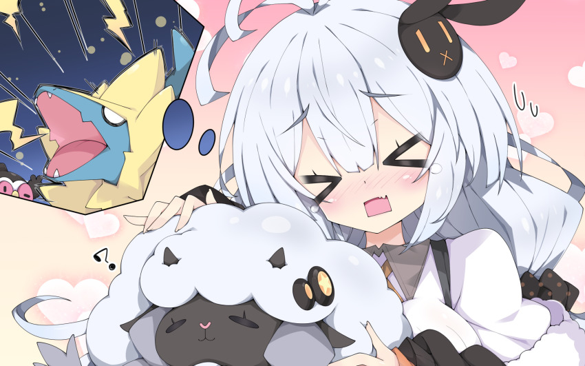 &gt;_&lt; 1girl ? antenna_hair black_jacket blush braid breasts claydol closed_eyes commentary_request crossover facing_viewer fang gen_3_pokemon gen_8_pokemon hair_between_eyes hair_ornament heart highres jacket kizuna_akari large_breasts lightning_bolt_symbol long_hair long_sleeves manectric milkpanda nintendo nose_blush off_shoulder open_mouth pokemon pokemon_(creature) pokemon_swsh rabbit_hair_ornament shirt silver_hair speech_bubble sweat thought_bubble twin_braids voiceroid white_shirt wooloo
