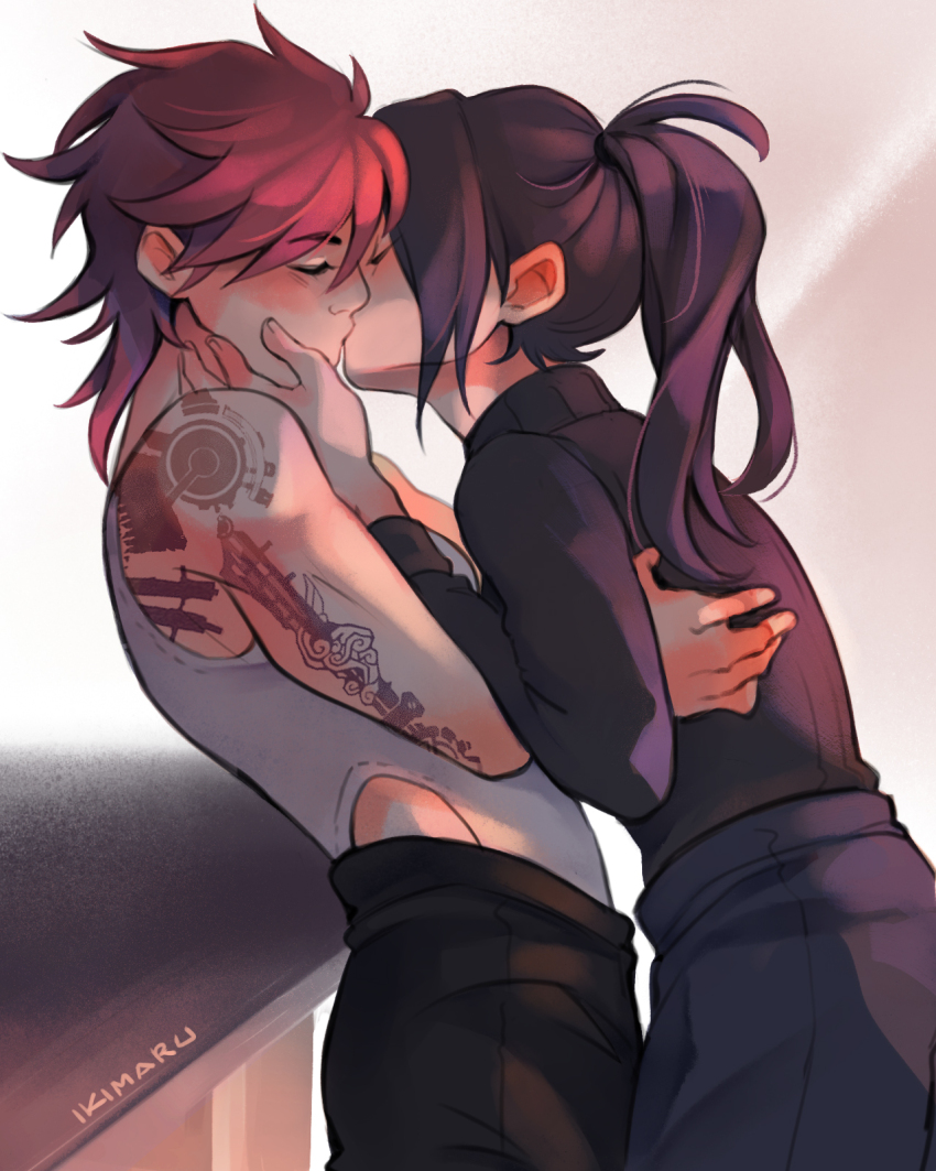 2girls arcane:_league_of_legends arcane_caitlyn arcane_vi arm_tattoo black_pants black_sweater blush caitlyn_(league_of_legends) closed_eyes commentary english_commentary hand_on_another&#039;s_back hand_on_another&#039;s_face highres ikimaru kiss league_of_legends long_hair medium_hair multiple_girls pants ponytail purple_hair red_hair sweater tank_top tattoo vi_(league_of_legends) white_tank_top yuri