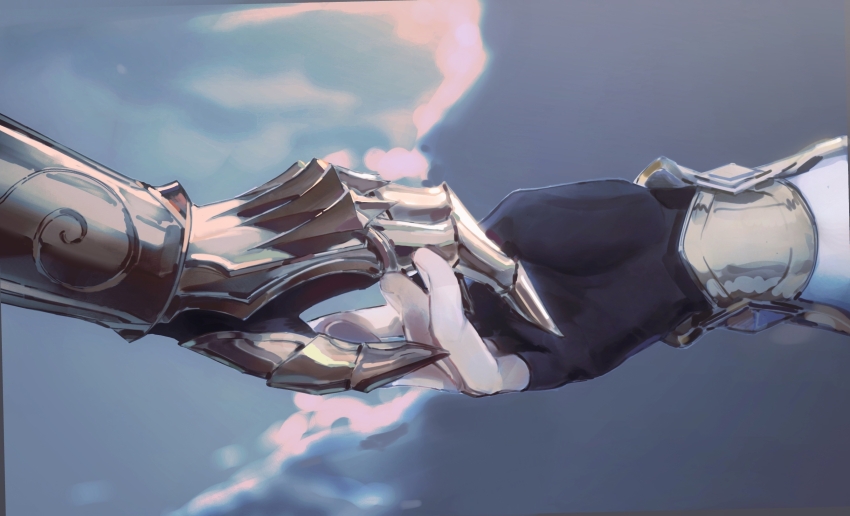 2boys 40080028157 black_gloves blurry blurry_background chinese_commentary clawed_gauntlets commentary_request fingerless_gloves gloves hand_focus hand_on_another&#039;s_hand highres holding_hands honkai:_star_rail honkai_(series) male_focus multiple_boys mydei_(honkai:_star_rail) phainon_(honkai:_star_rail) vambraces