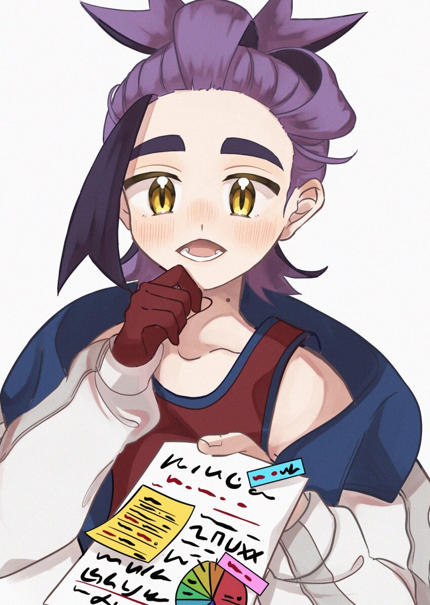1boy black_hair chigiri_(_chigiri_) commentary_request game_freak gloves graph highres holding holding_paper jacket kieran_(pokemon) long_sleeves lower_teeth_only male_focus mole mole_on_neck multicolored_hair nintendo open_mouth paper partially_fingerless_gloves pie_chart pokemon pokemon_sv purple_hair red_gloves red_shirt shirt simple_background single_glove sleeveless sleeveless_shirt solo teeth two-tone_hair upper_body white_background white_jacket yellow_eyes