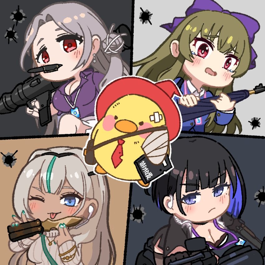 4girls bandage_on_face bandaged_arm bandages bird black_jacket blue_eyes blue_hair blue_jacket blush_stickers breasts brown_dust_(series) brown_dust_2 bullet_hole cleavage colored_inner_hair crying crying_with_eyes_open dagger duck earphones earrings green_hair grey_hair hair_ribbon hat holding holding_dagger holding_knife holding_notebook holding_pen holding_rocket_launcher holding_weapon id_card jacket jewelry knife lanyard large_breasts licking licking_weapon long_hair luvencia_(brown_dust) mascot michaela_(brown_dust) motor_vehicle motorcycle multicolored_hair multiple_girls nail_polish nebris_(brown_dust_2) nebris_(new_hire)_(brown_dust_2) necktie notebook office_lady official_art on_motorcycle one_eye_closed pen pen_in_mouth red_eyes red_hat red_necktie ribbon rocket_launcher second-party_source seir_(brown_dust) streaked_hair tears tongue tongue_out two-tone_hair umbrella_gun upper_body very_long_hair weapon white_hair