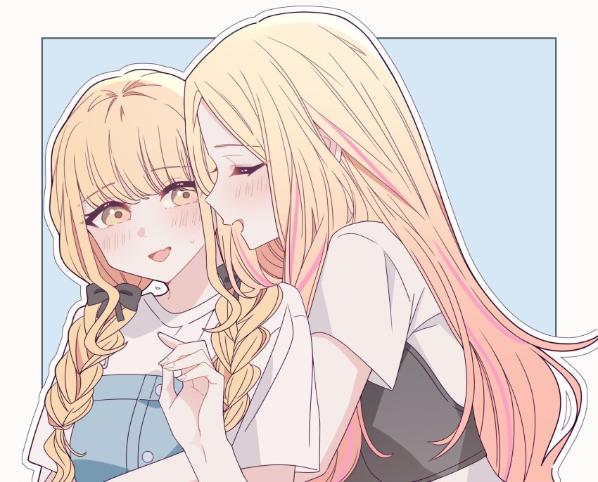 2girls black_bow blonde_hair blush border bow braid closed_eyes commentary fang fujita_kotone gakuen_idolmaster hair_bow highres hug hug_from_behind idolmaster juo_sena kousaka_0v0 long_hair multicolored_hair multiple_girls open_mouth outline pink_hair shirt short_sleeves skin_fang smile streaked_hair twin_braids white_border white_outline white_shirt yellow_eyes yuri