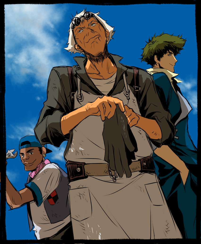 3boys absurdres cowboy_bebop dark-skinned_male dark_skin doohan_(cowboy_bebop) green_hair highres miles_(cowboy_bebop) multiple_boys old old_man smile spike_spiegel tobalin