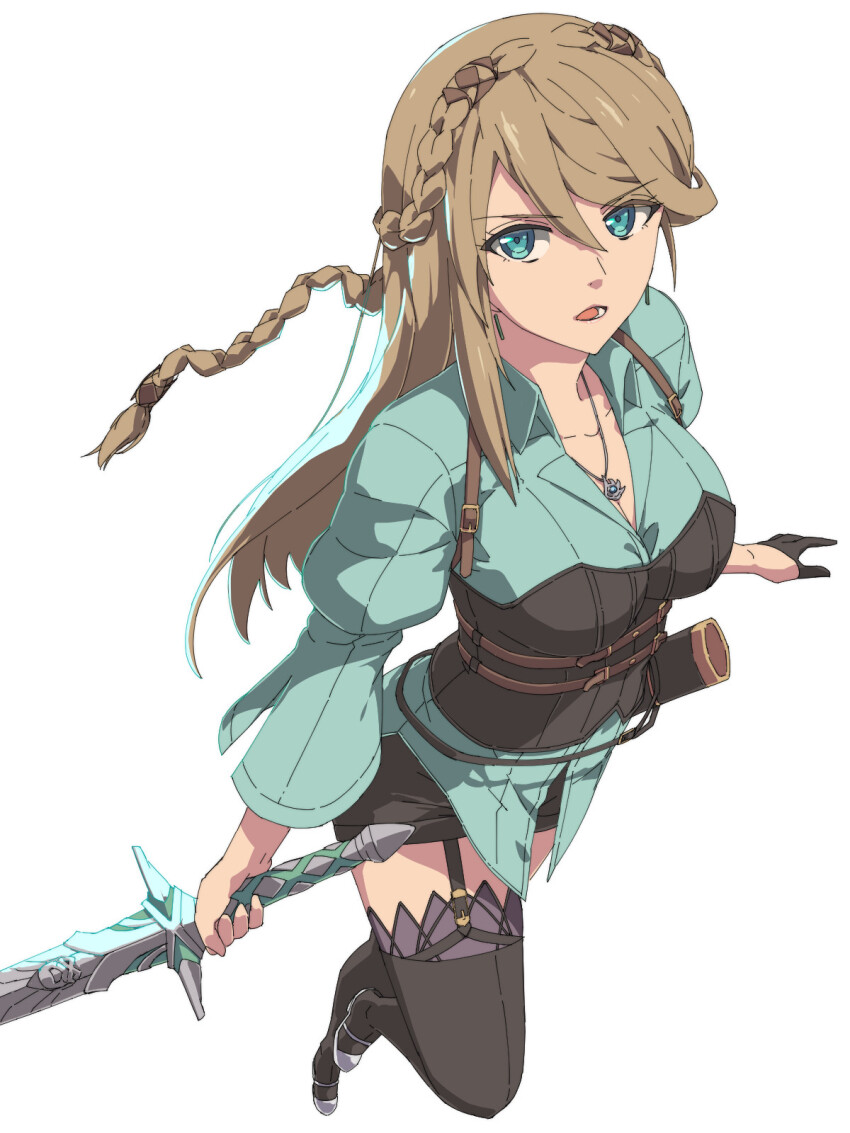 braid breasts brown_hair chiharu_(9654784) cleavage crown_braid eiyuu_densetsu elaine_auclair energy_wings floating_hair gloves green_eyes hair_between_eyes highres holding holding_sword holding_weapon jewelry juliet_sleeves kai_no_kiseki kuro_no_kiseki_(series) large_breasts long_hair long_sleeves looking_at_viewer mary_janes open_mouth parted_bangs pendant puffy_sleeves shoes simple_background single_braid single_glove single_sidelock sword thighhighs weapon white_background wings