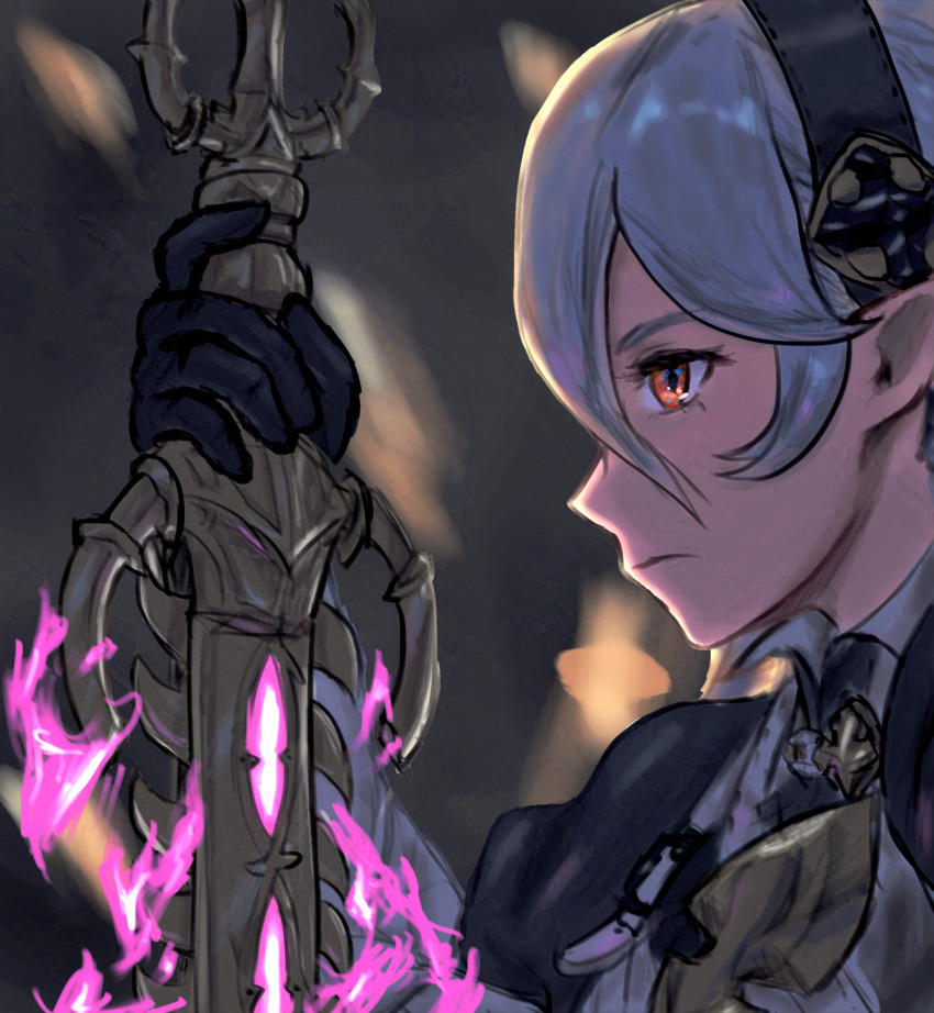 1girl ahoge armor black_gloves black_hairband clenched_hand collared_shirt female_corrin_(fire_emblem) doodlingneko energy eyelashes facing_to_the_side female_focus fire_emblem fire_emblem_fates from_side gloves grey_hair hair_between_eyes hair_ornament hairband hand_up highres holding holding_sword holding_weapon intelligent_systems long_hair looking_afar nintendo pointy_ears profile red_eyes serious shirt sidelocks standing sword upper_body weapon yato_(fire_emblem)