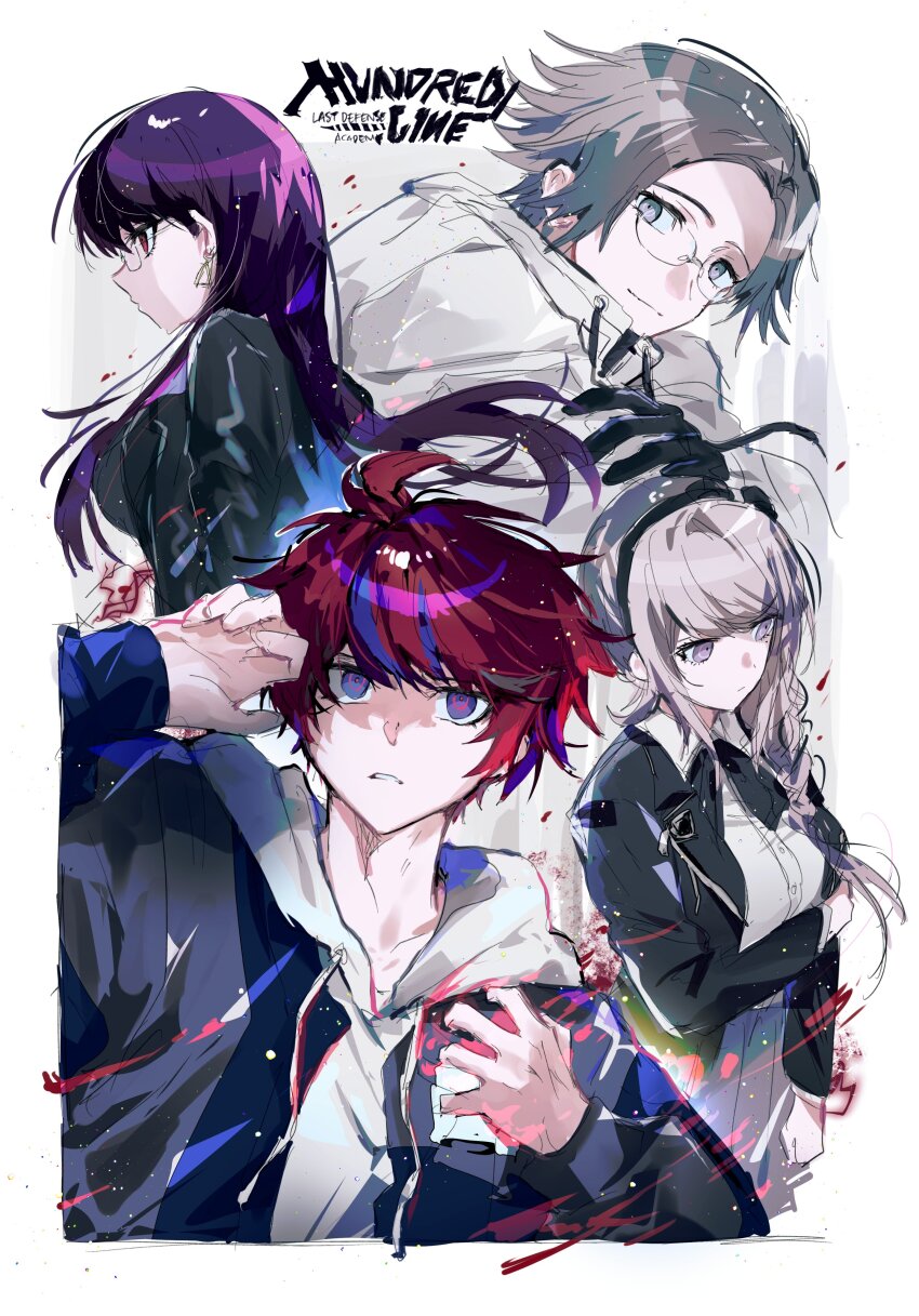 2boys 2girls absurdres ahoge aotsuki_eito arm_up black_gloves black_hairband black_jacket black_streaks blue_eyes blue_jacket border braid collared_shirt commentary copyright_name earrings english_commentary glasses gloves grey_eyes grey_hair grey_jacket hairband highres hood hoodie jacket jacket_over_hoodie jewelry kirifuji_nozomi long_hair multicolored_hair multicolored_jacket multiple_boys multiple_girls open_clothes open_jacket purple_hair red_eyes red_hair shirt shizuhara_hiruko short_hair skirt streaked_hair sumino_takumi the_hundred_line_-last_defense_academy- two-tone_jacket white_border white_hoodie white_jacket white_shirt yakksan