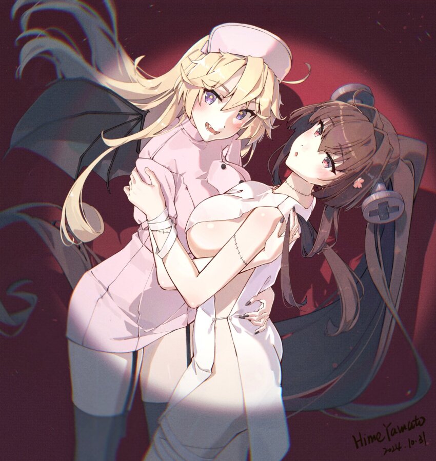 2girls alternate_costume ass bat_wings black_garter_straps black_thighhighs blonde_hair breast_press breasts brown_hair cherry_blossoms cosplay dress fake_wings fangs flower frankenstein frankenstein&#039;s_monster frankenstein&#039;s_monster_(cosplay) garter_straps hair_flower hair_intakes hair_ornament halloween_costume hat highres himeyamato hug iowa_(kancolle) kantai_collection large_breasts long_hair looking_at_viewer multiple_girls nurse nurse_cap object_through_head pink_dress ponytail purple_eyes red_eyes screw_in_head short_dress sidelocks star-shaped_pupils star_(symbol) stitches symbol-shaped_pupils symmetrical_docking thighhighs very_long_hair wings yamato_(kancolle) yuri