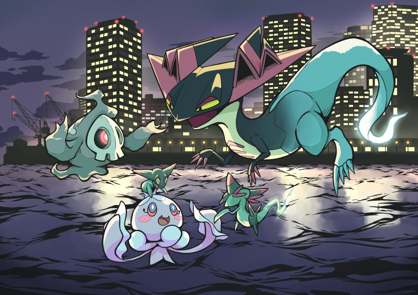 absurdres building city city_lights cityscape cloud colored_skin commentary_request crane_(machine) creatures_(company) dragapult dreepy duskull floating frillish frillish_(female) game_freak gen_3_pokemon gen_5_pokemon gen_8_pokemon highres night nintendo no_humans ocean outdoors pokemon pokemon_(creature) q-chan scenery sky swimming water