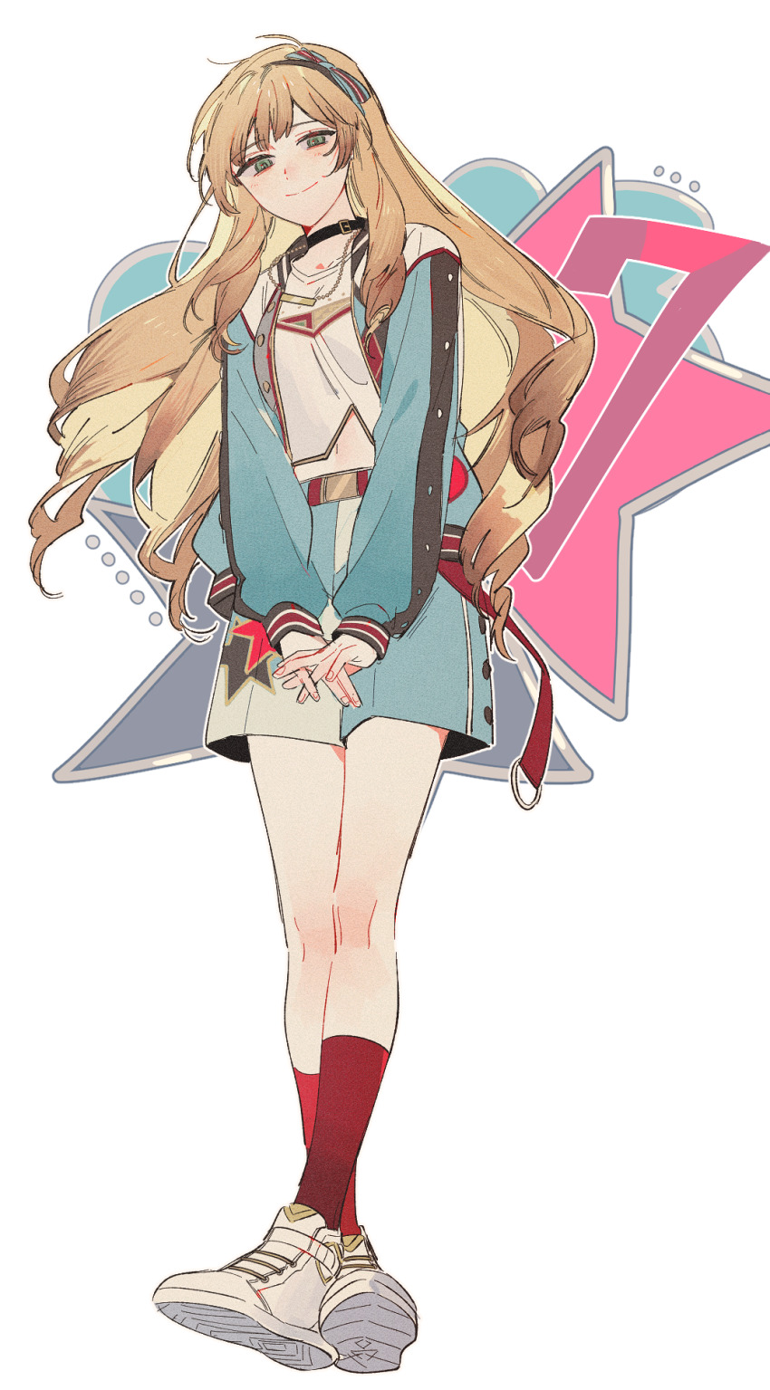 1girl alternate_costume anight belt blonde_hair blue_bow blue_jacket blue_shorts bow casual choker closed_mouth drill_hair drill_sidelocks ensemble_stars! full_body green_eyes hair_bow highres jacket jewelry long_hair long_sleeves looking_at_viewer mademoiselle_(ensemble_stars!) navel necklace open_clothes open_jacket own_hands_together paper_texture red_socks shirt shoes shorts sidelocks simple_background smile sneakers socks solo striped_bow two-tone_shorts v_arms white_background white_shirt white_shoes white_shorts