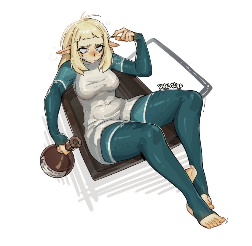 1girl alohapz bakara blonde_hair blue_eyes blue_pantyhose blunt_bangs blush breasts character_request check_character check_copyright closed_mouth copyright_request covered_navel dofus highres large_breasts long_hair long_sleeves lying on_back pantyhose pointy_ears simple_background sleeves_past_wrists solo stirrup_legwear toeless_legwear wakfu white_background