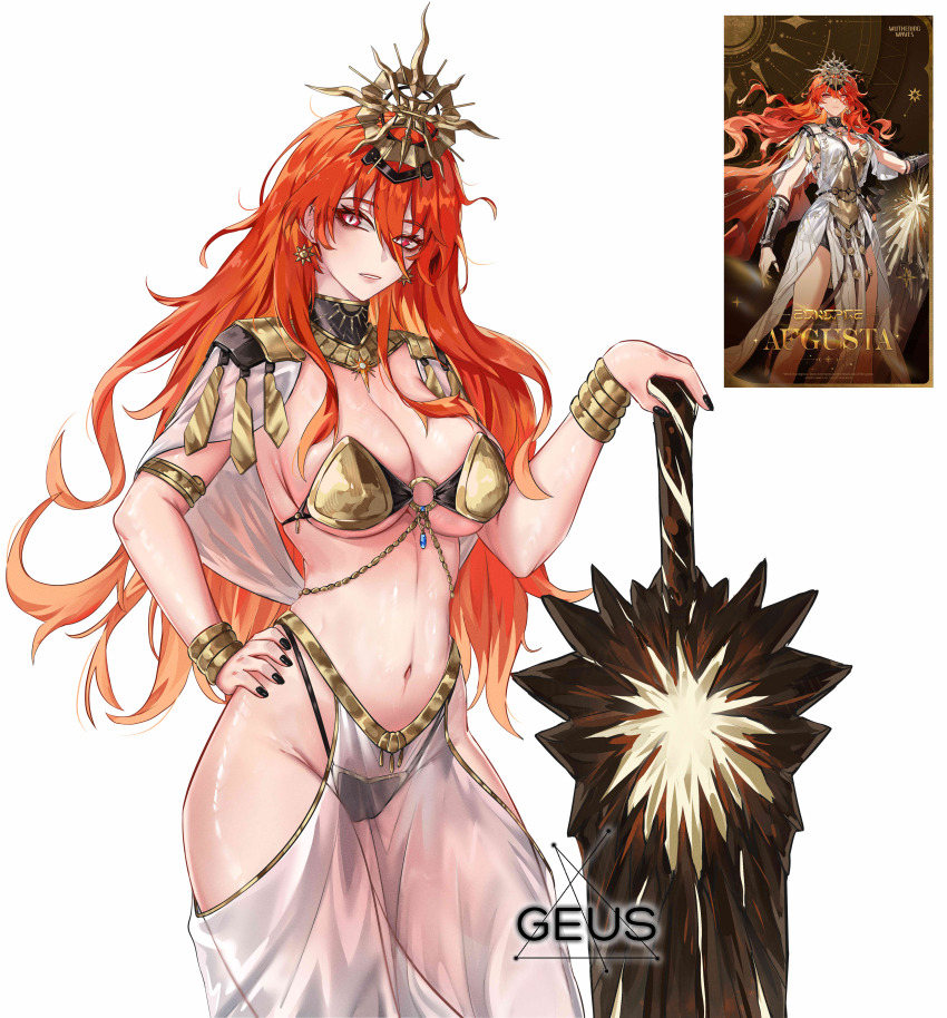 1girl absurdres adapted_costume armlet armor augusta_(wuthering_waves) bikini bikini_armor black_bikini black_nails bracelet breasts capelet cleavage collar commentary cowboy_shot earrings english_commentary geus_(just_geus) groin hair_between_eyes hand_on_own_hip hand_to_weapon headgear highleg highleg_bikini highres jewelry large_breasts long_hair looking_at_viewer nail_polish navel official_art_inset orange_hair parted_lips red_eyes simple_background solo stomach sun_earrings swimsuit sword thighs very_long_hair weapon white_background white_capelet wuthering_waves