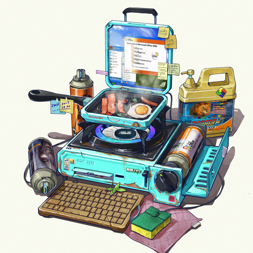 artist_name asus bacon barcode broccoli canister cherry_tomato chinese_text computer computer_keyboard cooking dated english_text food fried_egg half-life half-life_(series) half-life_2 highres intel iwse_zhang leaf microsoft microsoft_office microsoft_windows mint mixed-language_text monitor mousepad_(object) no_humans portable_stove power_symbol rising_antivirus sausage sharp_corporation signature simple_background sponge sticker sticky_note still_life tomato translation_request warcraft white_background windows_xp world_of_warcraft