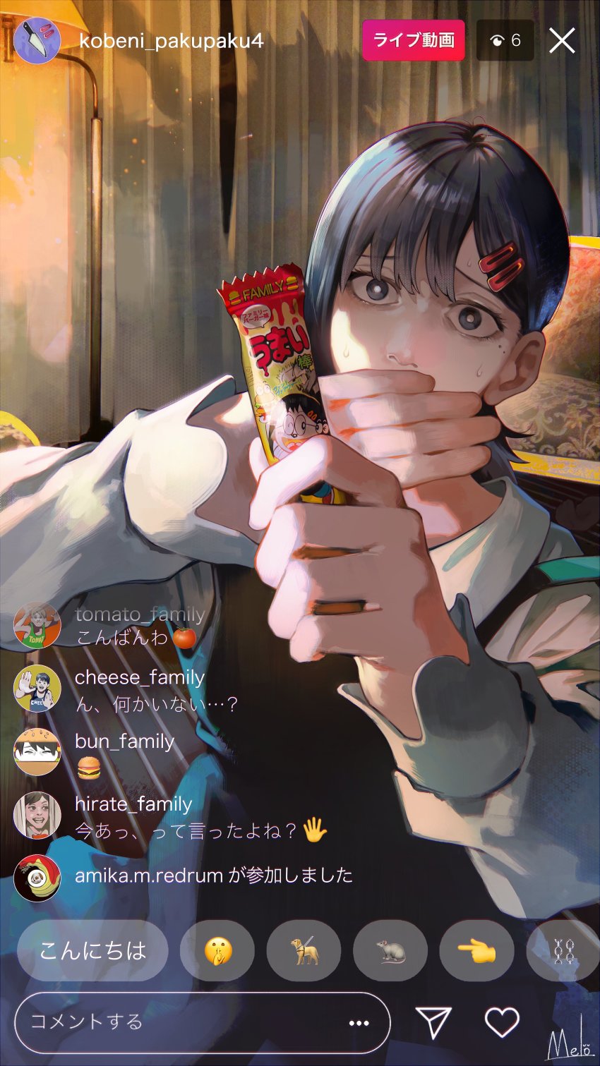 1girl absurdres apron black_apron black_eyes black_hair chainsaw_man cowboy_shot food hair_ornament hairclip higashiyama_kobeni highres holding indoors kyuuba_melo long_hair long_sleeves mole mole_under_eye fake_phone_screenshot shirt solo standing translation_request umaibou white_shirt