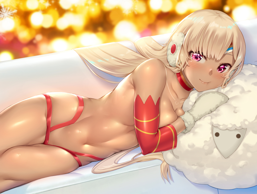 1girl absurdres altera_(fate) altera_the_santa_(fate) bare_shoulders bikini body_markings breasts choker convenient_censoring dark-skinned_female dark_skin detached_sleeves earmuffs fate_(series) hamada_miku highres long_hair looking_at_viewer lying medium_breasts mittens on_side red_bikini red_choker red_eyes sheep short_hair smile swimsuit thighs topless_female white_hair white_mittens