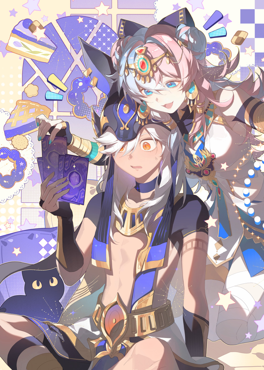 1boy 1girl absurdres ancient_egyptian_clothes ancient_egyptian_hat aqua_eyes aqua_nails armlet bare_shoulders behind_another bow bridal_gauntlets card chinese_commentary choker commission couple crossed_legs cyno_(genshin_impact) earrings genshin_impact hair_bow hand_up happy headpiece highres holding jewelry kneeling leaning_back leaning_forward long_hair looking_down looking_to_the_side multicolored_eyes multicolored_hair one_eye_closed open_mouth orange_eyes original playing_card second-party_source shade sitting smug stomach stuffed_toy surprised sweatdrop swept_bangs tan tattoo toy two-tone_hair usekh_collar wavy_hair white_hair wide-eyed xinjinjumin826293095094