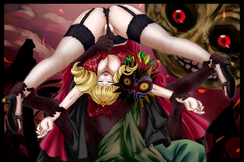 1girl ankle_grab arm_grab ass black_panties blonde_hair blush breasts cleavage closed_eyes crossover crown garter_belt garter_straps high_heels holding holding_another&#039;s_wrist holding_upside_down huge_breasts kinniku_buster leg_grab majora_(entity) monster nintendo open_mouth panties restrained rose_bernstein shoes skull_kid snk spread_legs the_king_of_fighters the_legend_of_zelda the_legend_of_zelda:_majora&#039;s_mask tongue top-down_bottom-up underwear