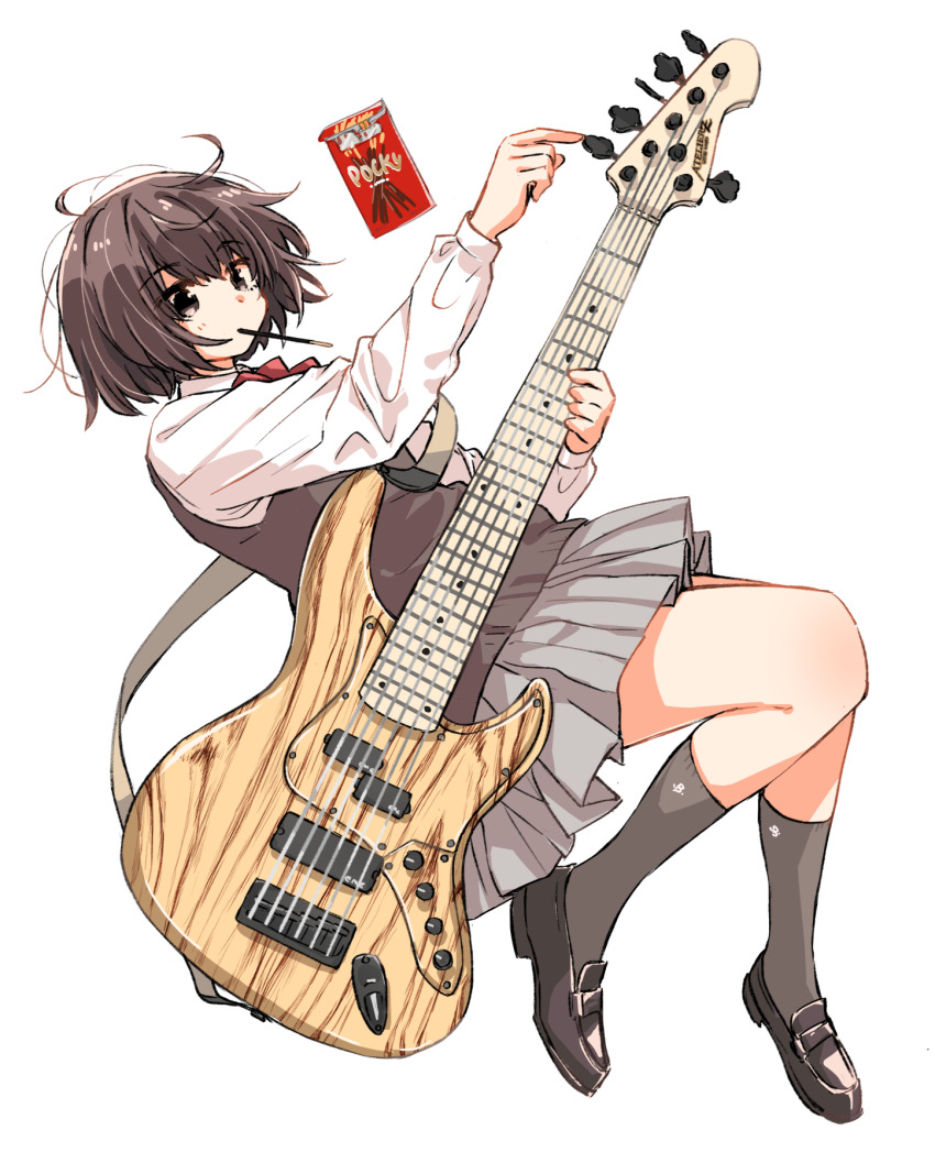 1girl 6-string_bass_guitar atelier_z_guitar_works bass_guitar black_hair black_shoes bow bowtie brown_eyes collared_shirt commentary extended_range_bass_guitar fender_jazz_bass food food_in_mouth grey_skirt grey_socks grey_sweater_vest guitar_strap highres holding holding_bass_guitar holding_instrument instrument kneehighs loafers long_sleeves matsuda_hikari original pocky pocky_in_mouth red_bow red_bowtie school_uniform shirt shoes short_hair simple_background skirt socks solo sweater_vest symbol-only_commentary white_background white_shirt