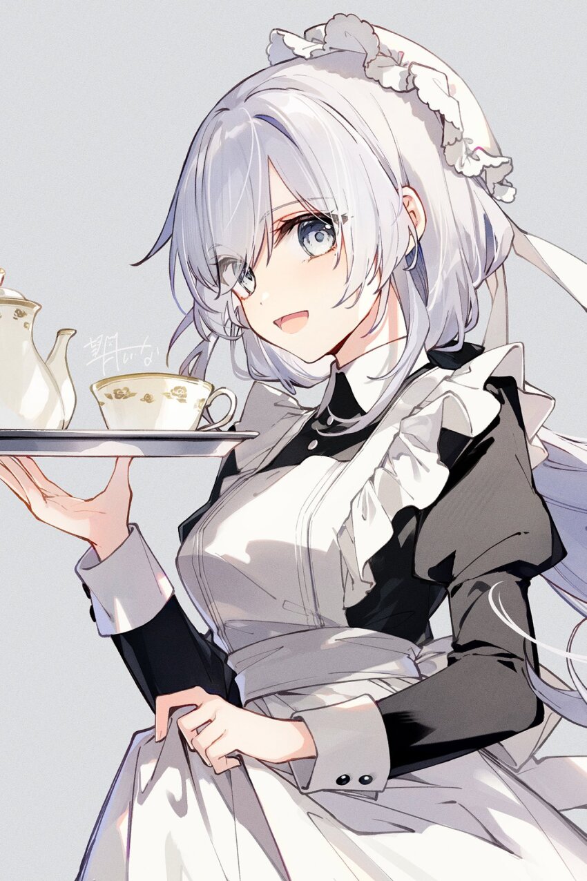 1girl :d apron black_dress breasts collared_dress commentary_request cup dress frilled_apron frills grey_background grey_eyes grey_hair hand_up hat highres holding holding_tray juliet_sleeves long_hair long_sleeves looking_at_viewer maid maid_apron medium_breasts mob_cap mochizuki_shiina open_mouth original puffy_sleeves signature simple_background smile solo teacup teapot tray very_long_hair white_apron white_hat