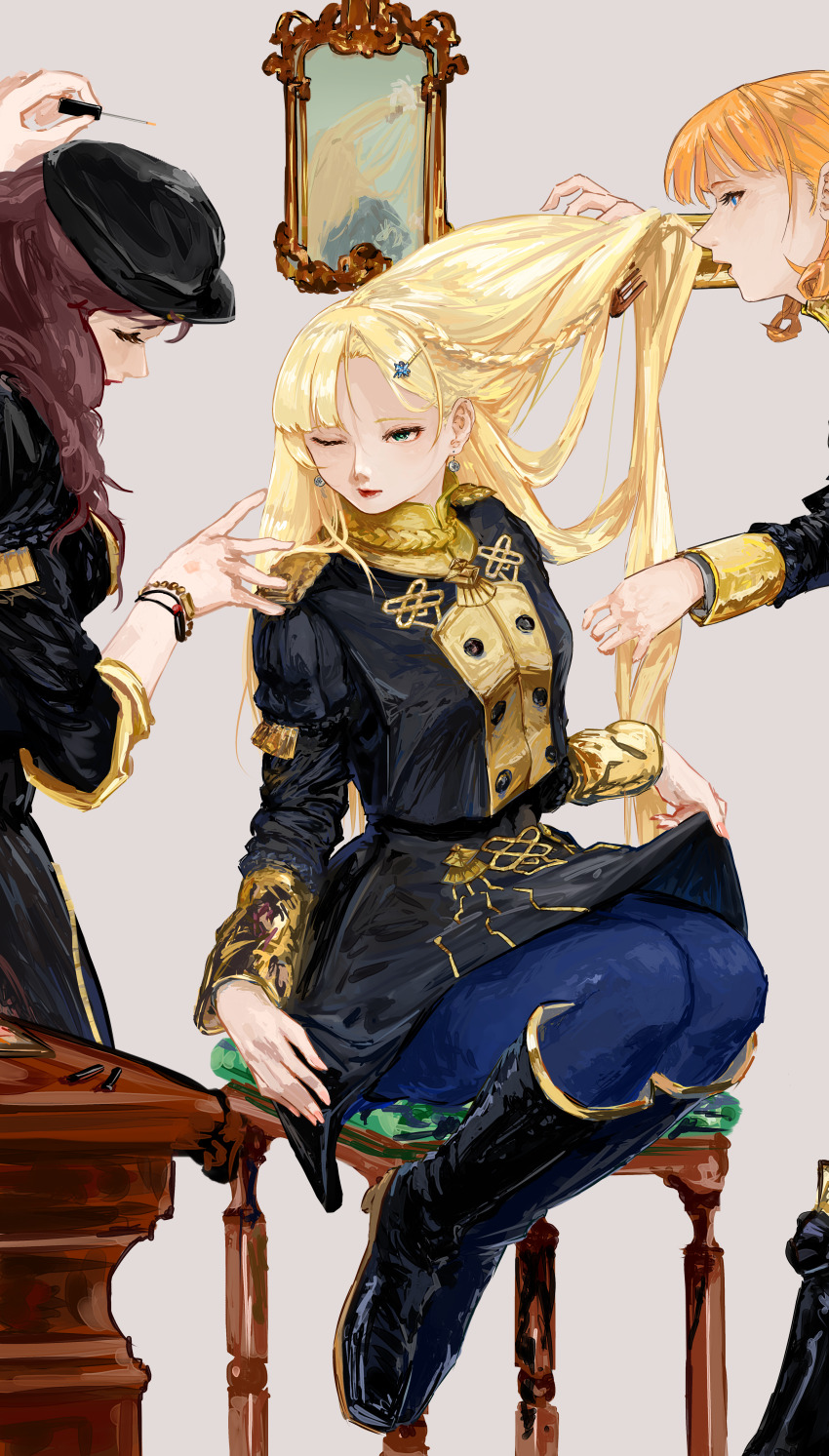 3girls absurdres alternate_hairstyle annette_fantine_dominic applying_makeup black_boots black_jacket black_skirt blonde_hair blue_eyes blue_pantyhose boots bracelet braid breasts brown_hair dorothea_arnault eroeki fire_emblem fire_emblem:_three_houses garreg_mach_monastery_uniform green_eyes hair_ornament hair_rings hairclip highres holding_another&#039;s_hair ingrid_brandl_galatea jacket jewelry knee_boots long_hair medium_breasts mirror multiple_girls nintendo one_eye_closed orange_hair pantyhose skirt small_breasts table very_long_hair
