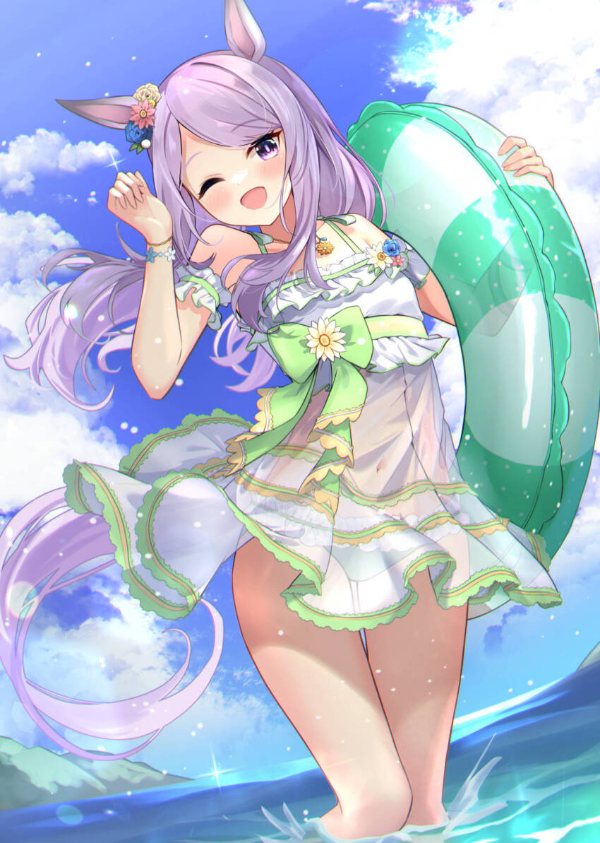 1girl ;d animal_ears bikini bikini_under_clothes blue_flower blue_rose blue_sky cloud commentary_request day dress ear_flower flower frilled_bikini frilled_dress frills green_bikini hands_up highres horse_ears horse_girl horse_tail innertube long_hair looking_at_viewer mejiro_mcqueen_(ripple_fairlady)_(umamusume) mejiro_mcqueen_(umamusume) meyamu one_eye_closed open_mouth outdoors pink_flower purple_eyes purple_hair rose see-through_clothes sky smile solo swept_bangs swim_ring swimsuit tail transparent umamusume very_long_hair wading water white_dress yellow_flower yellow_rose