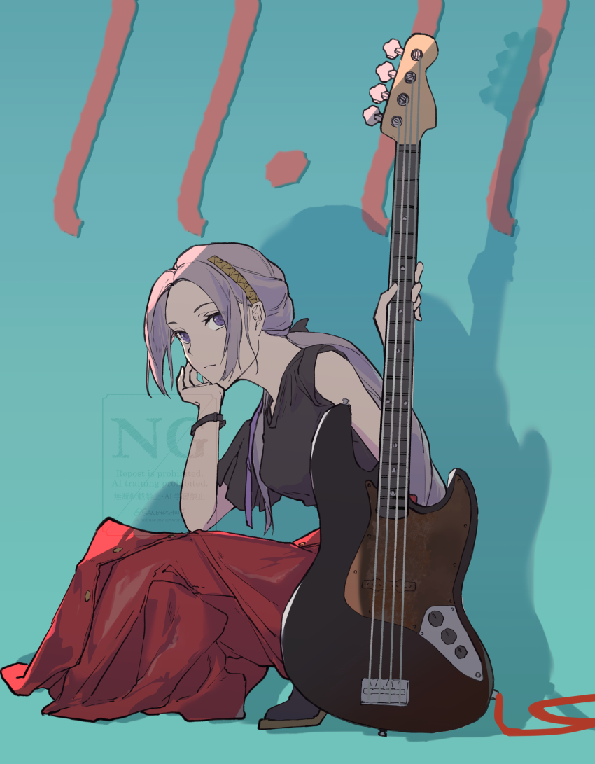 1girl absurdres bass_guitar bracelet commentary edelgard_von_hresvelg bass_guitar fender_jazz_bass fire_emblem fire_emblem:_three_houses fire_emblem_warriors:_three_hopes hair_ornament hair_ribbon highres holding holding_bass_guitar holding_instrument instrument jewelry long_hair looking_at_viewer nintendo ponytail purple_eyes ribbon saneyoshiii7 single_sleeve skirt solo watermark white_hair
