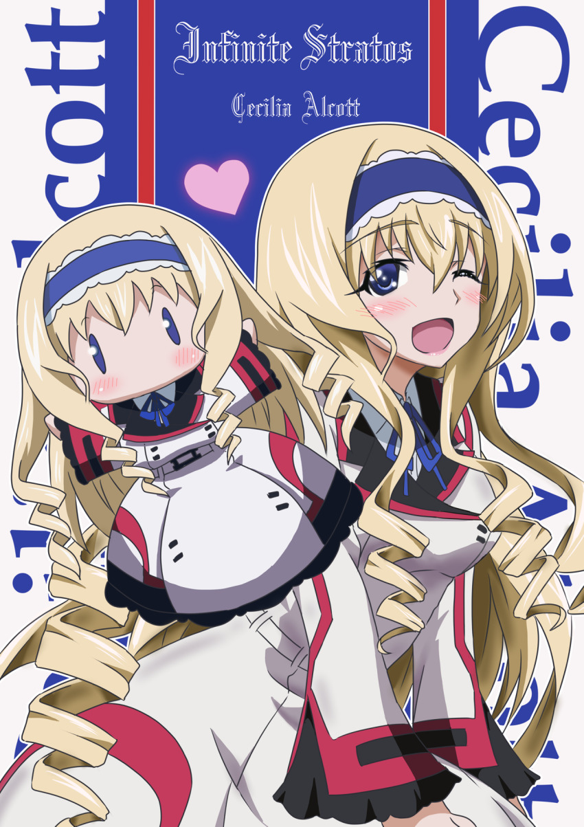 1girl blonde_hair blue_eyes blush breasts cecilia_alcott character_doll doll drill_hair eeshin_(eishin5584) hairband heart highres infinite_stratos large_breasts leaning_forward legs long_hair looking_at_viewer official_style one_eye_closed open_mouth pink_lips school_uniform smile solo stuffed_toy thighs tongue very_long_hair wink