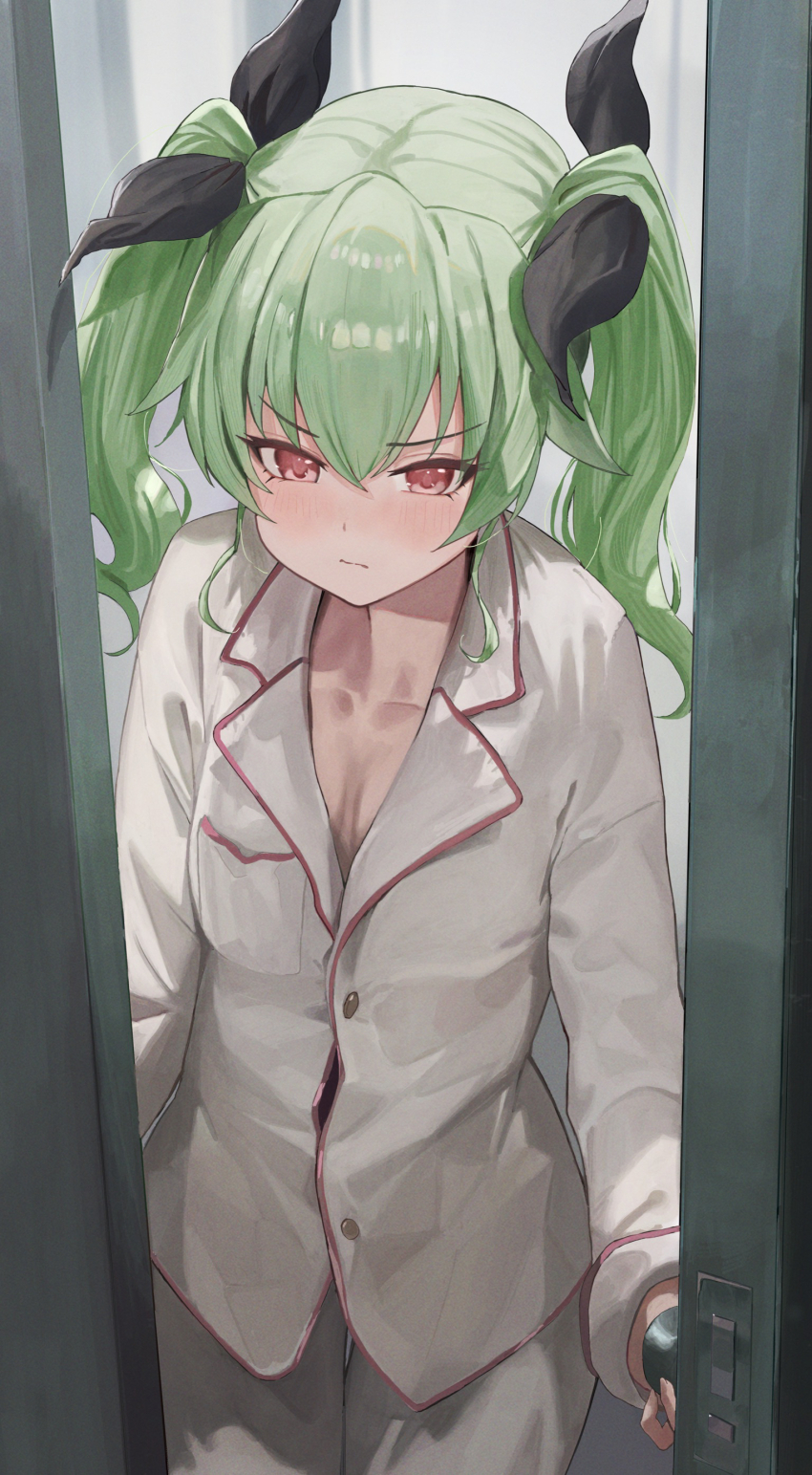 1girl absurdres anchovy_(girls_und_panzer) black_ribbon blush breast_pocket breasts buttons cleavage commentary_request door door_handle doorknob doorway drill_hair frown girls_und_panzer green_hair hair_ribbon highres indoors long_hair long_sleeves looking_at_viewer mamaa_(maeni6379) open_door opening_door pocket pov_doorway red_eyes red_trim ribbon shirt small_breasts solo standing twin_drills twintails white_shirt