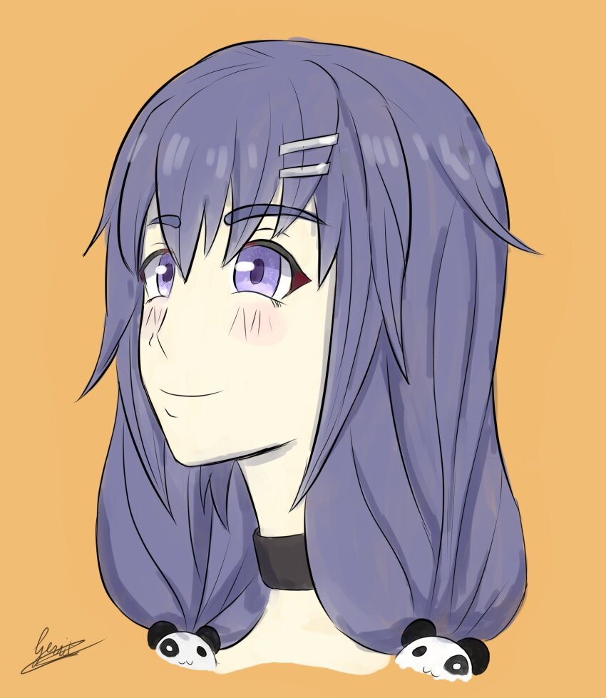 1girl azuracub black_collar collar commentary english_commentary gerritch hair_ornament hair_over_shoulder hairclip highres indie_virtual_youtuber panda_hair_ornament parallel_hairclips purple_eyes purple_hair signature smile twintails virtual_youtuber