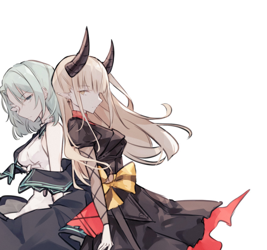 2girls arcaea back-to-back black_cape black_horns black_kimono black_necktie black_skirt blonde_hair bow breasts cape closed_mouth commentary cowboy_shot dress expressionless flower flower_over_eye green_eyes green_hair horns japanese_clothes kimono large_breasts layered_sleeves lethe_(arcaea) long_hair long_sleeves miyu_(miy_u1308) multiple_girls necktie puffy_sleeves saya_(arcaea) see-through_clothes see-through_sleeves short_hair short_over_long_sleeves short_sleeves simple_background skirt standing white_background white_dress white_flower yellow_bow