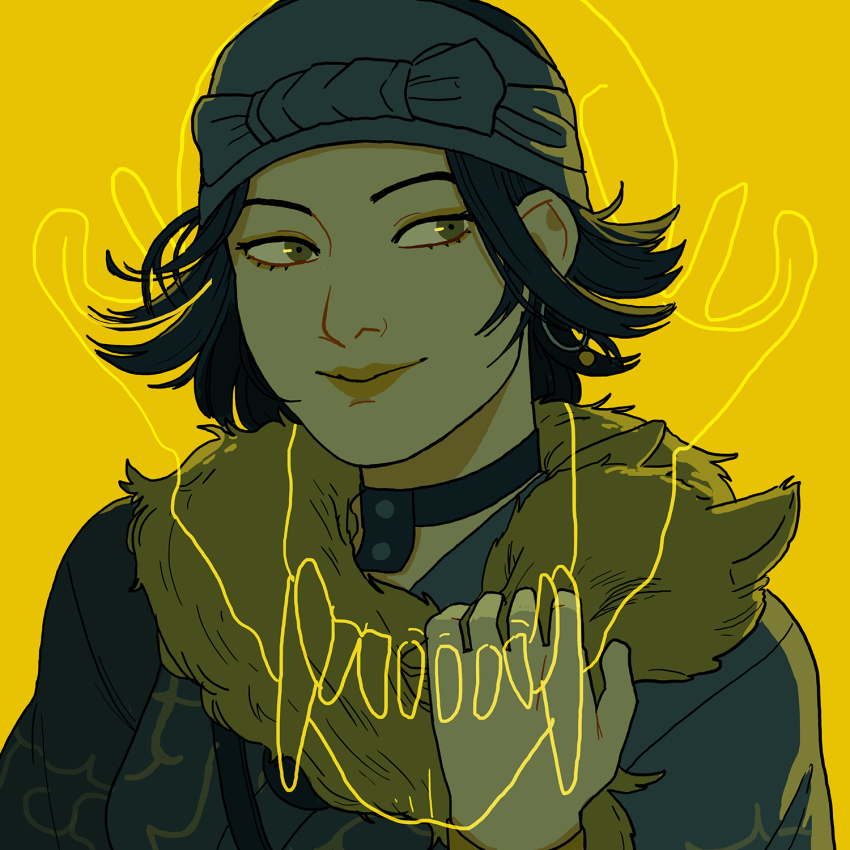 1girl ainu_clothes black_choker black_hair brown_eyes choker earrings fur golden_kamuy hand_up headband highres hoop_earrings inkarmat jewelry knightofbunnies short_hair simple_background skull smile solo upper_body yellow_background