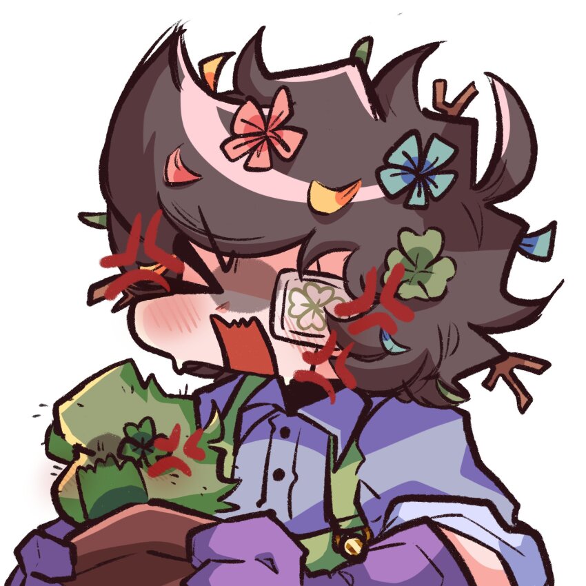 &gt;_&lt; 1boy ahoge anger_vein angry blush branch brown_hair cactus cactus_boy closed_eyes clover clover_(tofuisstilltofu) clover_hair_ornament clover_print collared_shirt eyepatch flower flower_eyepatch flower_on_head petals flower_pot flowers_in_hair furrowed_brow gloves green_overalls hair_ornament hands_up highres holding holding_flower_pot holding_plant male_focus messy_hair nervous nervous_sweating one_eye_covered open_mouth original overalls petal_on_head petals plant purple_gloves purple_shirt shaded_face shirt short_hair simple_background sleeves_rolled_up solo stick_in_hair sweat tofuisstilltofu upper_body wavy_mouth white_background white_eyepatch