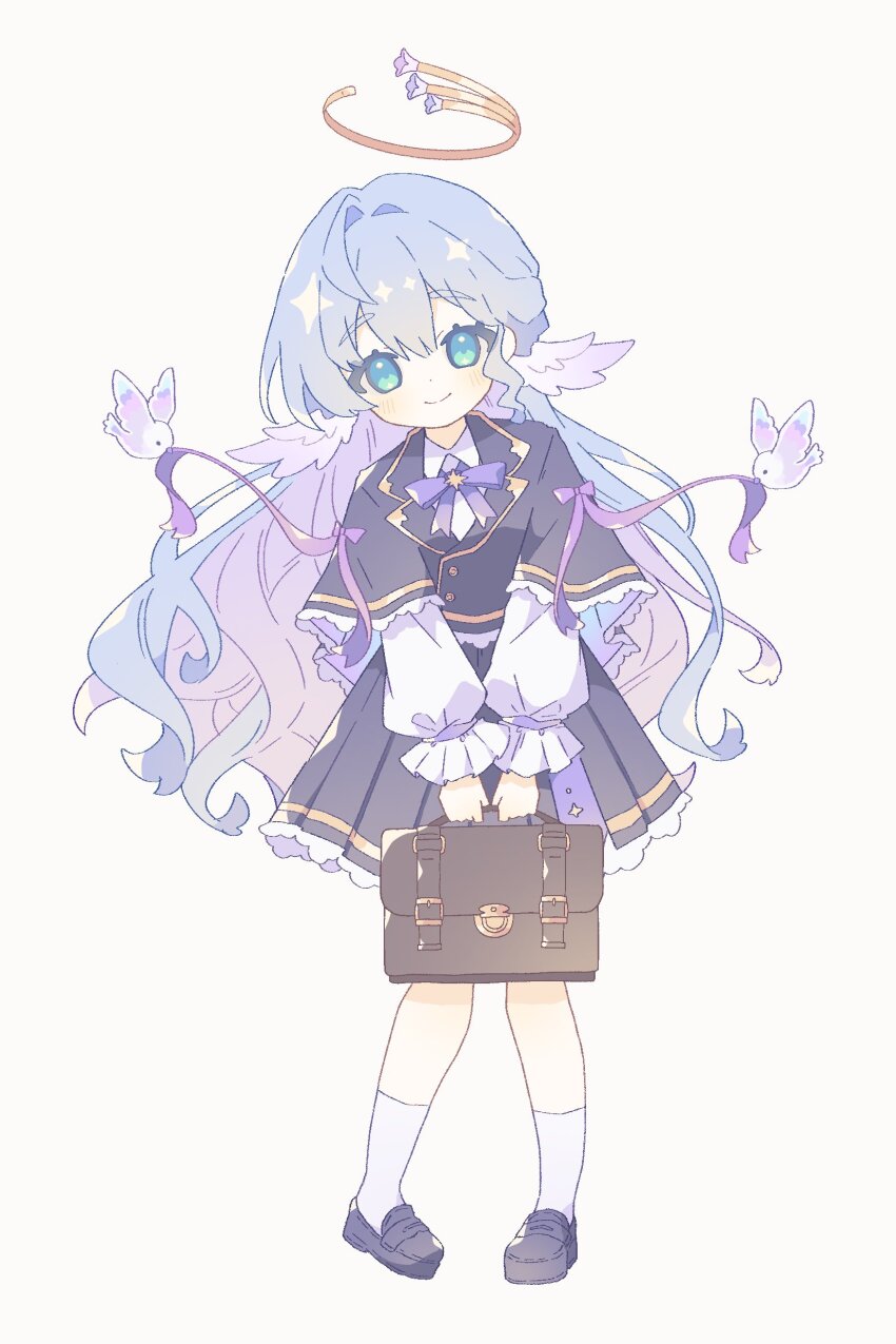 1girl absurdres aged_down aqua_eyes bag black_shoes black_skirt bow bowtie brown_bag closed_mouth full_body hair_between_eyes halo head_wings highres holding holding_bag honkai:_star_rail honkai_(series) kneehighs komano_shia loafers long_sleeves looking_at_viewer purple_bow purple_bowtie robin_(honkai:_star_rail) shirt shoes simple_background skirt smile socks solo standing white_shirt white_socks white_wings wings