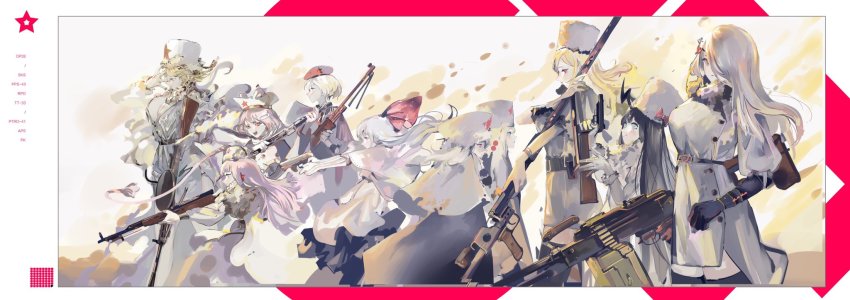 6+girls anti-materiel_rifle artist_request bolt_action character_request country_connection dp-27 fur_hat girls&#039;_frontline gun handgun hat highres light_machine_gun machine_gun mosin-nagant mosin-nagant_(girls&#039;_frontline) multiple_girls pk_(girls&#039;_frontline) pk_machine_gun pps-43 ptrd-41 rifle rpd simonov_(girls&#039;_frontline) sks sniper_rifle submachine_gun ushanka weapon